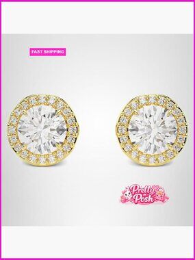 Round Cut Stud Earrings, Cubic Zirconia, Gold Plated